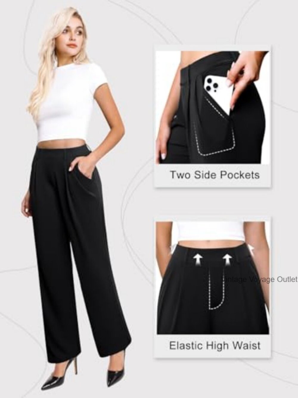 Stretchy High Waisted Wide Leg Work Pants with Pockets Business Casual - Picture 3 of 6